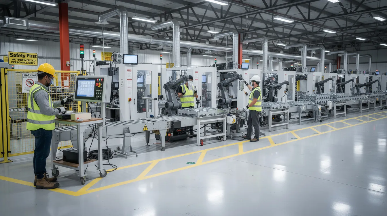 a8e70bc1 34c2 4879 ab33 a74c11b9aaa2 The image depicts a modern industrial manufacturing facility bustling with activity, showcasing advanced machinery and workers clad in safety gear, emphasizing a focus on safety and efficiency in the production process. This environment is crucial for entrepreneurs seeking to understand the operational aspects of their business model while considering how to find the right investors for future growth and expansion.