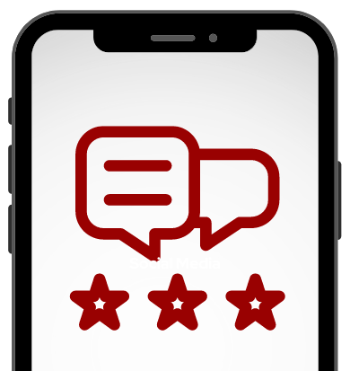 Image of a mobile phone with an icon representing online conversation and stars representing online reviews