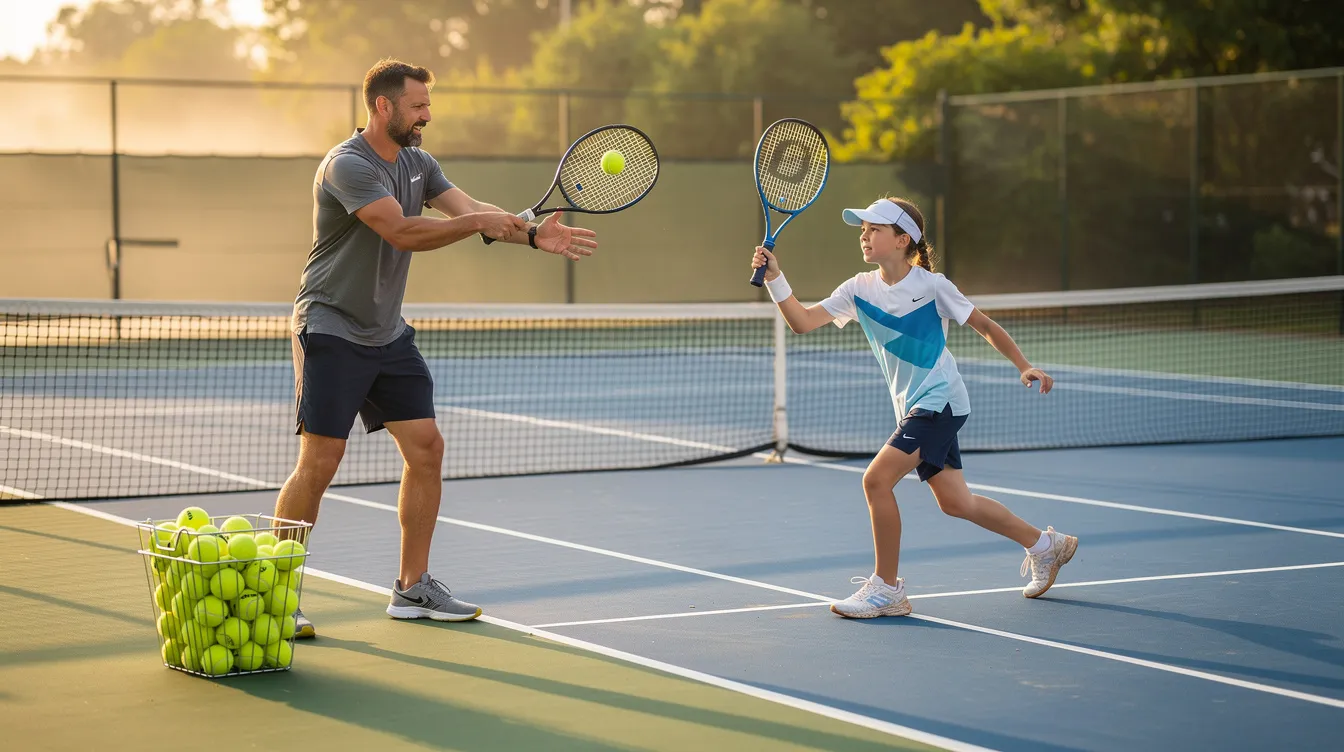 A tennis coach is feeding balls to a student on a well-maintained outdoor hard court during an early morning lesson, showcasing a one-on-one session focused on improving the student's technique and skills. The scene emphasizes quality instruction in a supportive environment, ideal for private tennis lessons or beginner tennis lessons.