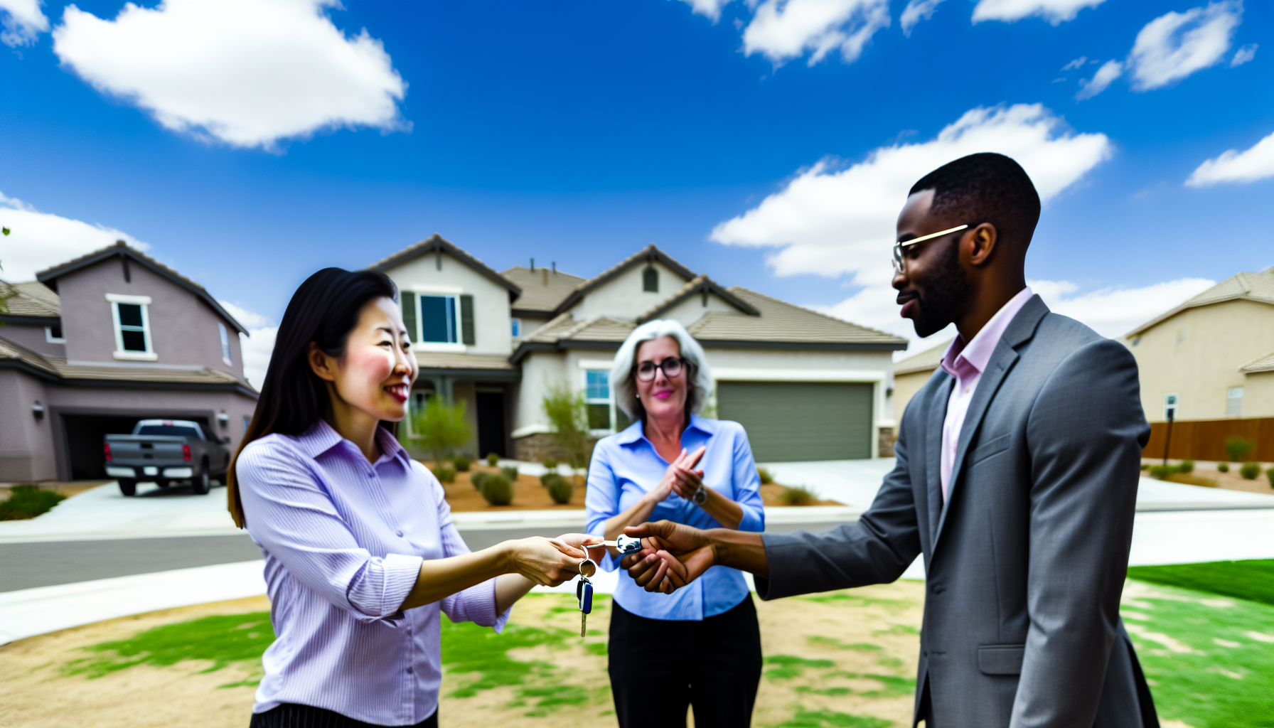 Diverse group of people shaking hands and exchanging keys in front of a new home