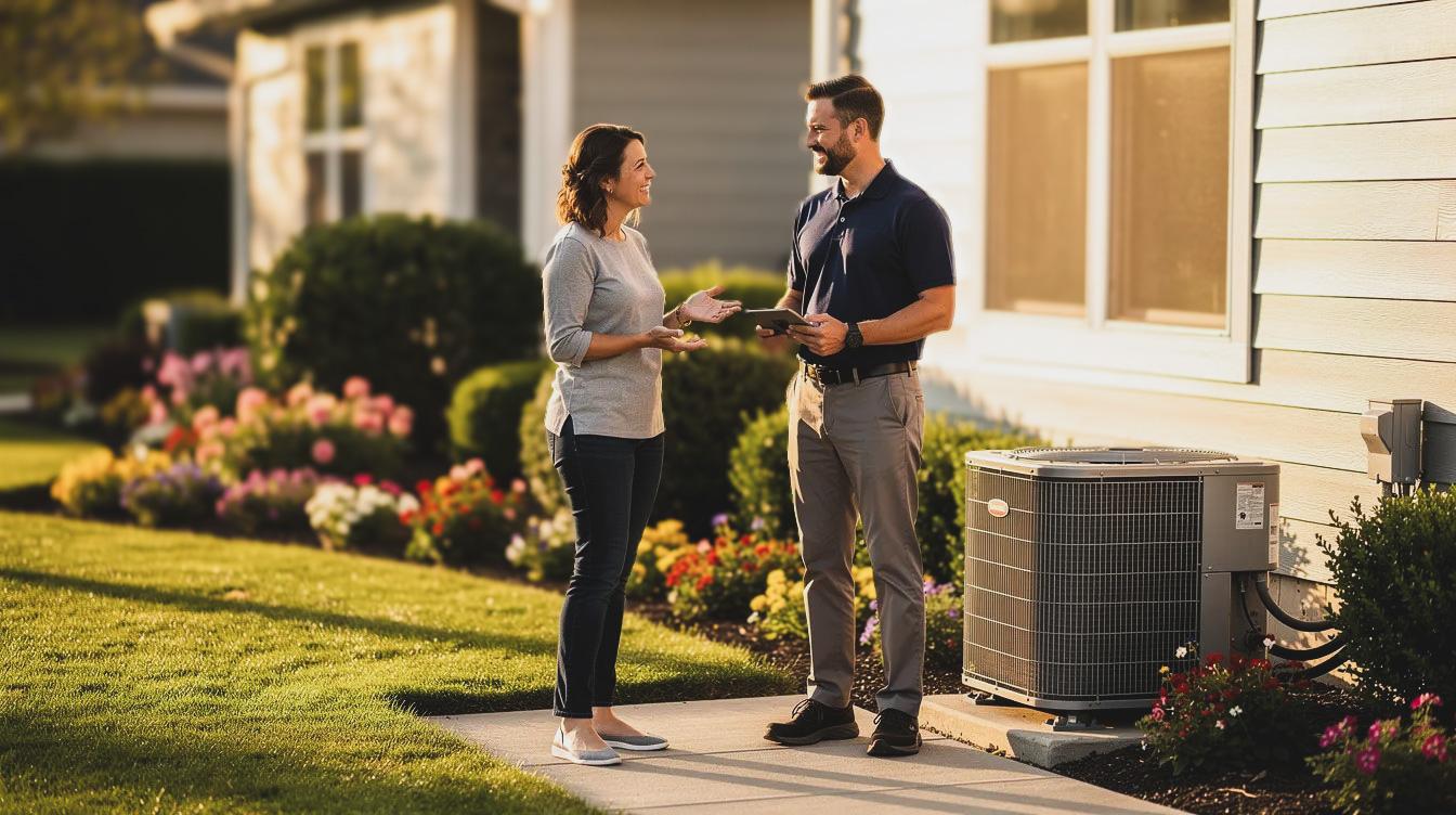 A homeowner and a technician in a navy shirt and grey pants are discussing issues with an outdoor unit at a beautifully landscaped residential home, creating a warm and inviting atmosphere. This scene highlights the importance of maintaining efficient heating and cooling systems, such as air source heat pumps and central air conditioning, for optimal indoor air quality.