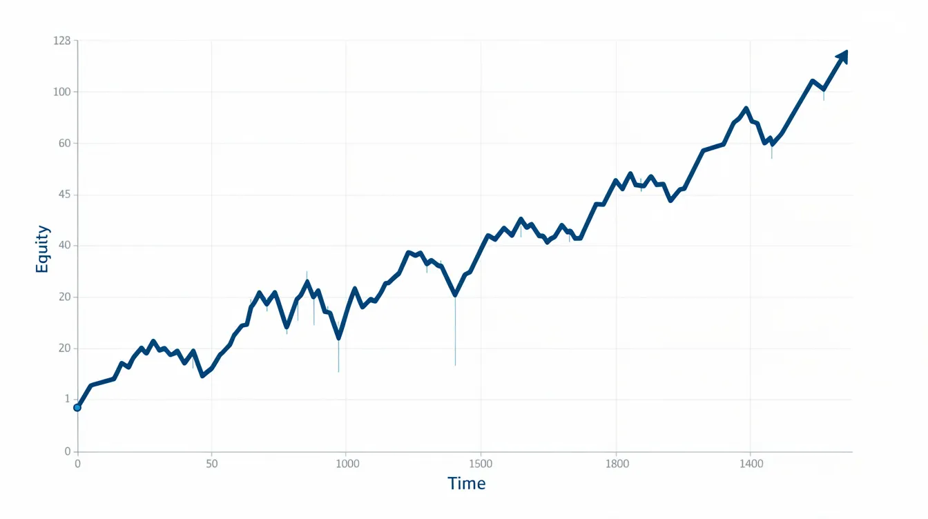 The image depicts a line chart illustrating an upward-trending equity curve, punctuated by several drawdown periods, representing the performance of a trading strategy over time. This visual highlights the importance of backtesting trading strategies using historical market data to analyze performance and manage potential risks in financial markets.