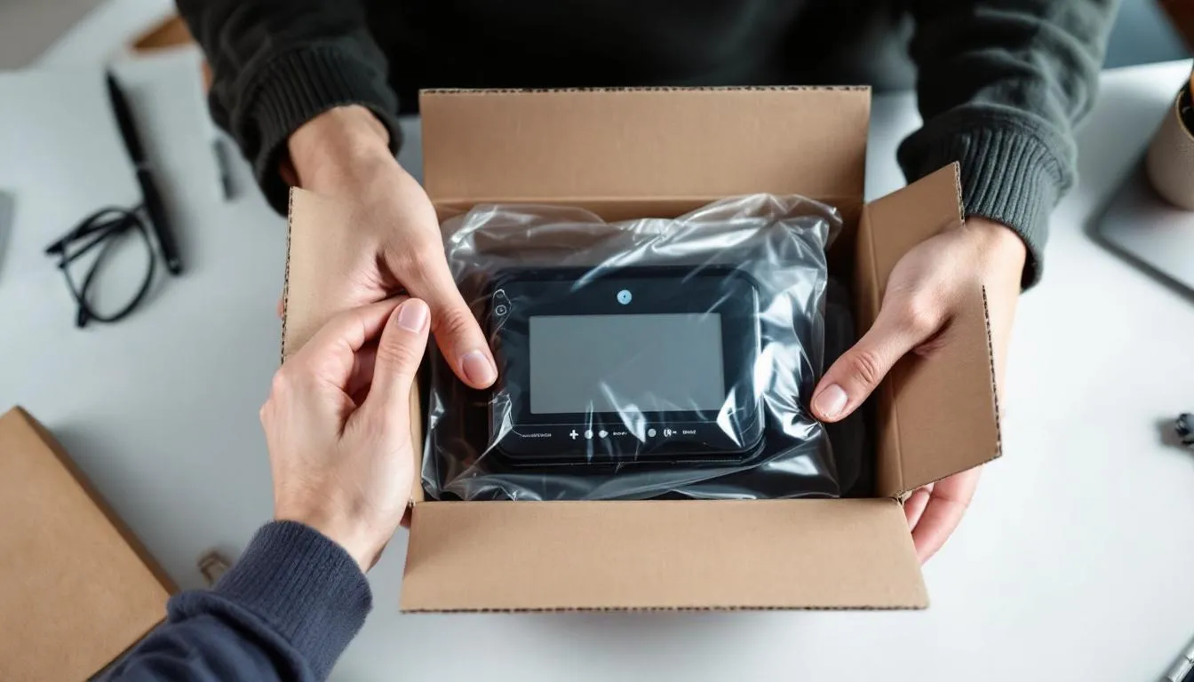 The image depicts hands carefully unboxing a new hardware wallet, with security seals still intact, emphasizing the importance of maximum security for managing digital assets like cryptocurrencies. This hardware wallet is designed to provide users with full control over their private keys and offers additional security features for long-term storage of crypto funds.