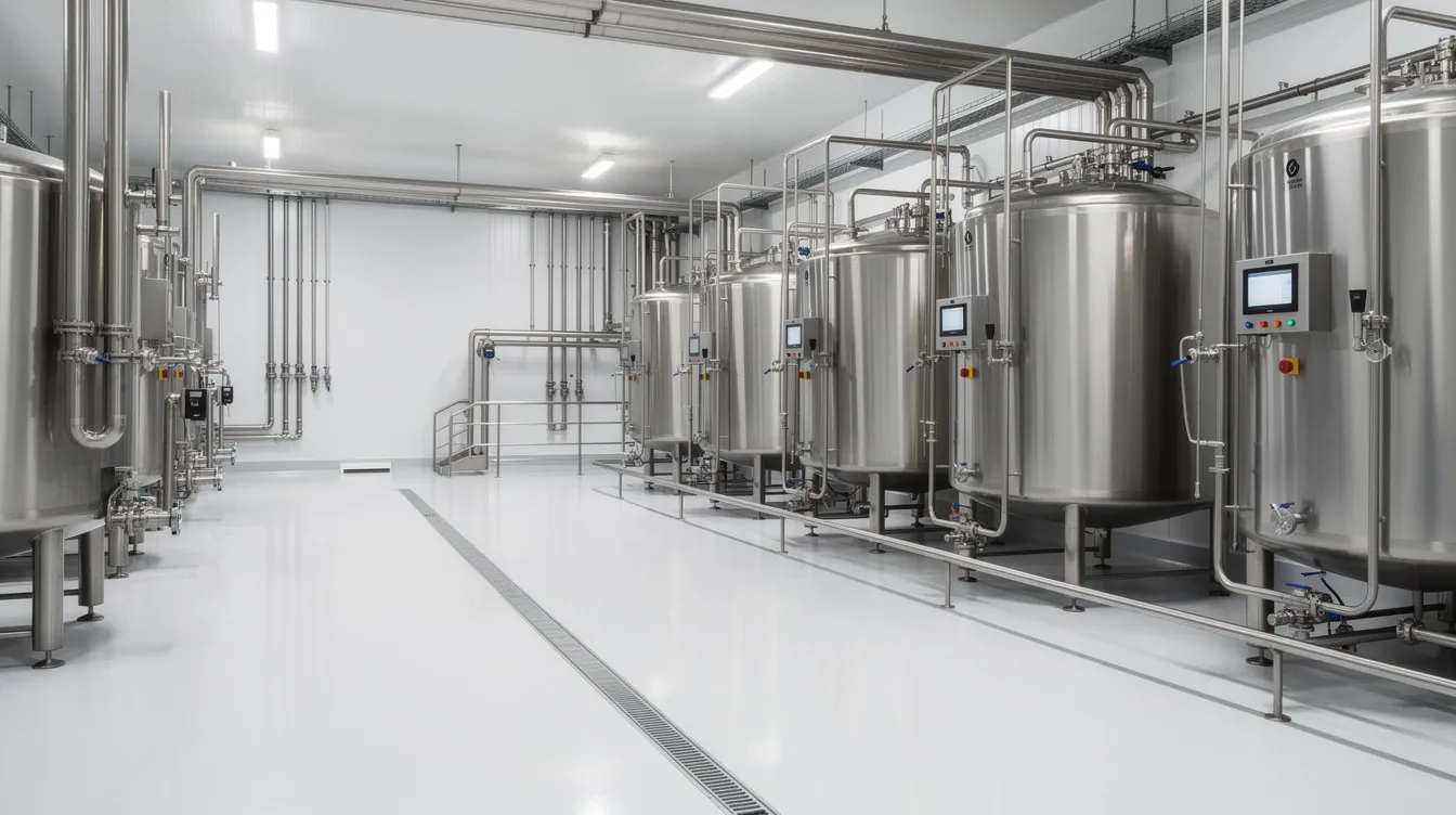a8f0194a f8cd 41d3 9d89 b823014a68c7 The image depicts the interior of a modern stainless steel dairy processing facility, featuring large milk tanks and extensive piping systems essential for efficient milk production. This setting highlights the advanced technology utilized in the dairy industry to ensure food security and enhance operational efficiency in the dairy farming sector.