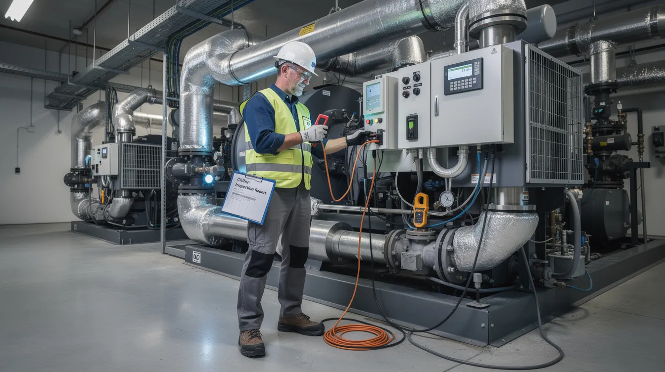 A technician in safety gear is inspecting a large commercial chiller, utilizing diagnostic tools to ensure optimal chiller performance and prevent refrigerant leaks. This maintenance task is crucial for maintaining energy efficiency and the reliable operation of HVAC systems in industrial facilities.