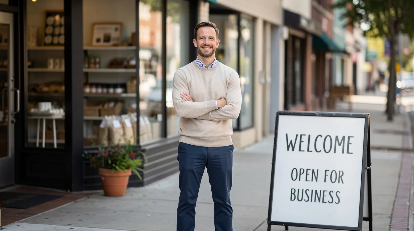 A confident small business owner stands proudly in front of their shop, showcasing a signboard that highlights their business. This image represents the spirit of small and micro businesses, often seeking financial assistance through mudra loans to support their ventures.