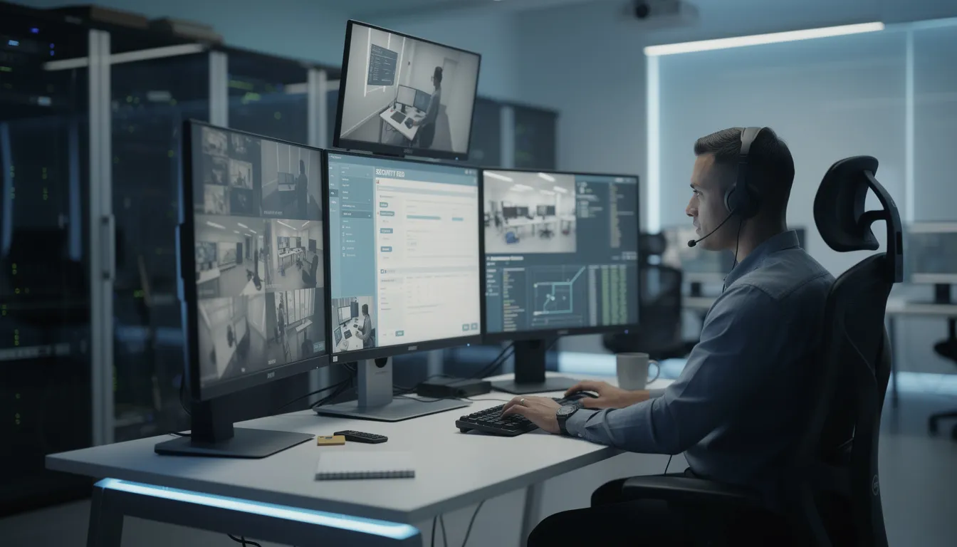 A security professional is attentively monitoring multiple screens at a modern workstation, displaying live video feeds from various CCTV cameras. This setup highlights the importance of real-time surveillance and advanced security systems in safeguarding properties and promoting safety in both commercial and residential spaces.