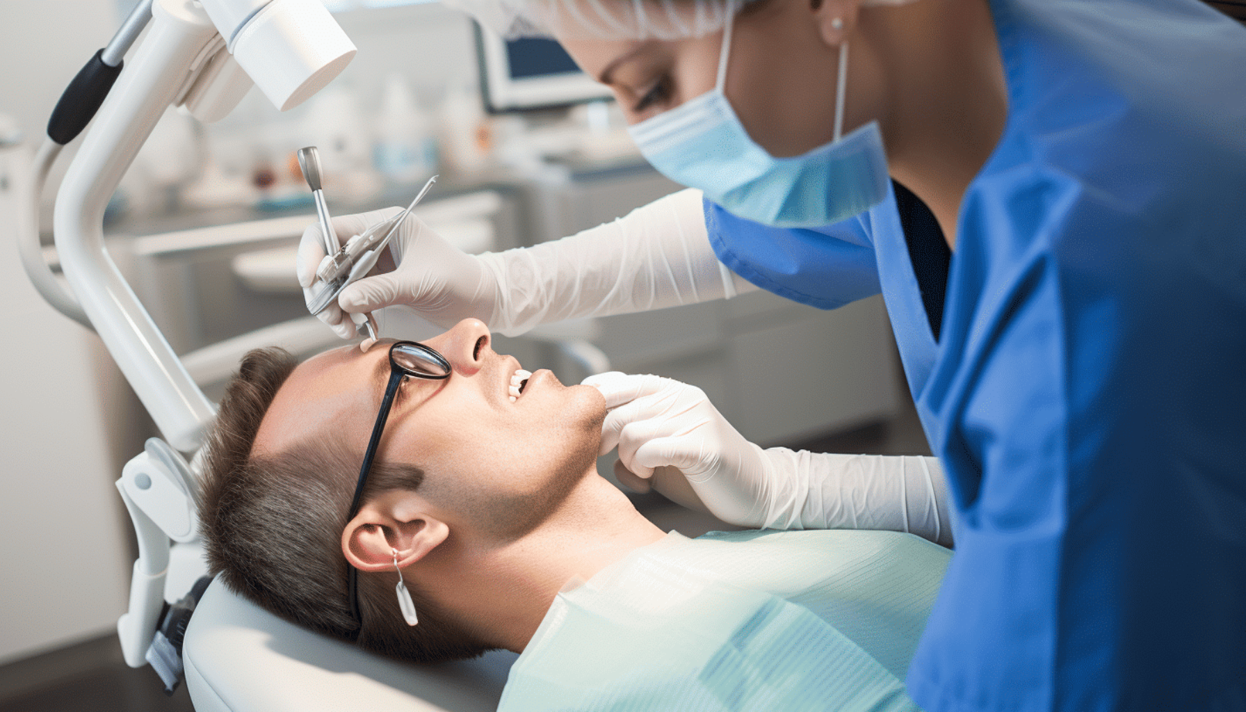 Tannlege behandler mannlig pasient i akutt situasjon på klinikk, iført hansker og maske, med fokus på smertehåndtering og presis behandling.