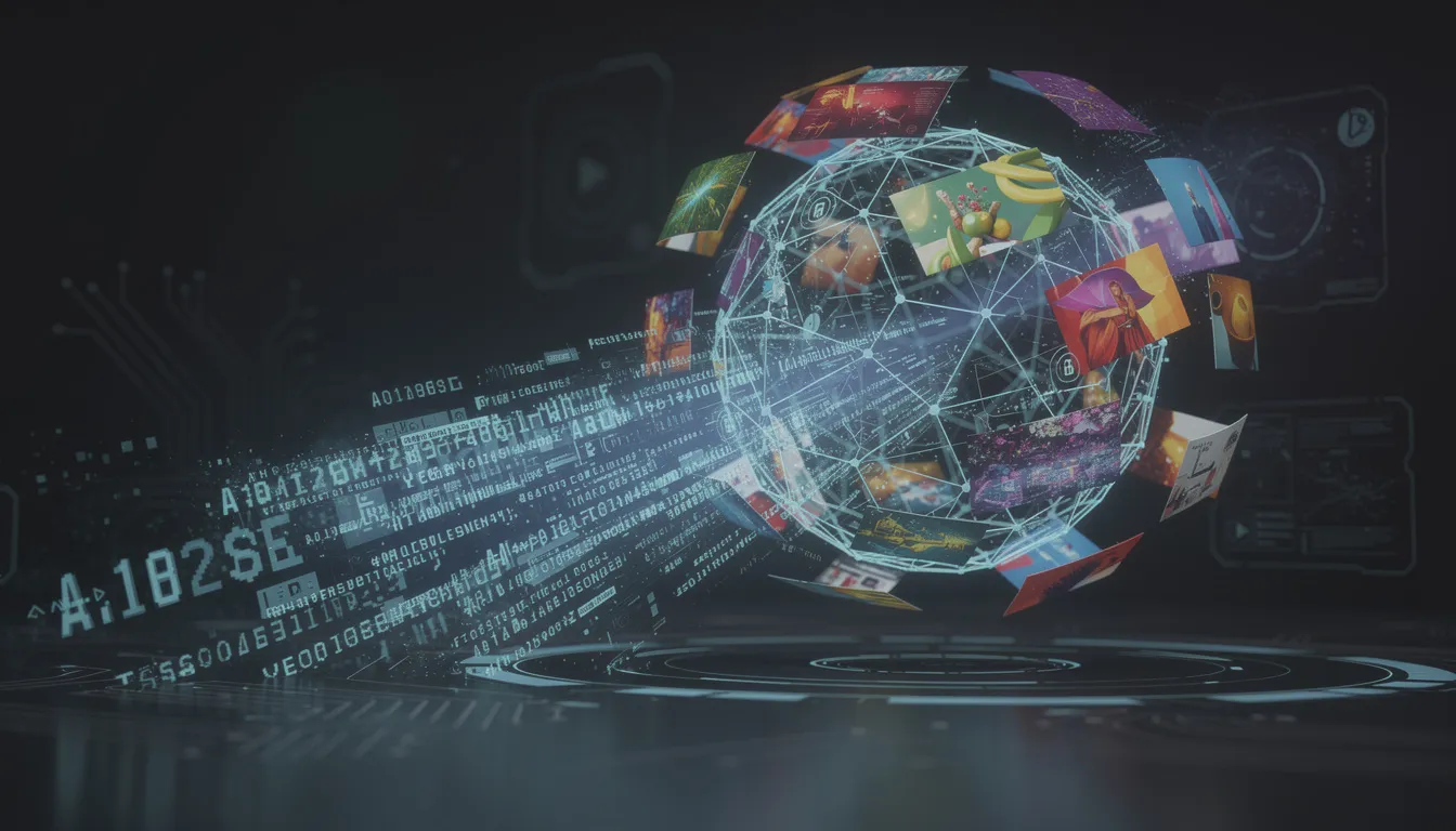 The image visually represents generative AI, showcasing various AI models like neural networks and generative adversarial networks (GANs) that are used for content creation and image generation. It illustrates the complex interplay of training data, machine learning, and the benefits of generative AI technology in producing realistic images and human-like text.