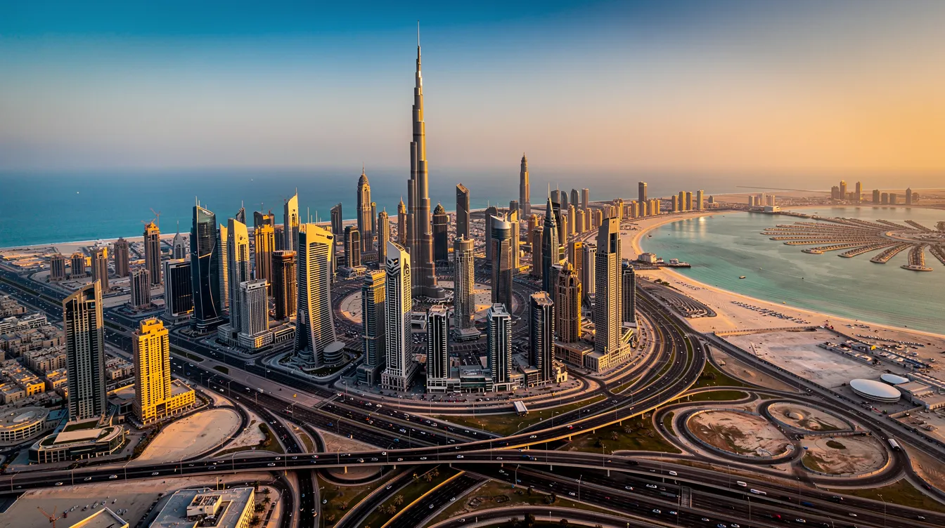 A imagem mostra o icônico Burj Al Arab em Dubai, um luxuoso hotel em forma de vela, situado à beira do Golfo Pérsico, com uma vista deslumbrante das praias de Jumeirah. O Burj Al Arab é conhecido por seus serviços de alta qualidade e experiências exclusivas, como o restaurante Al Muntaha e o Sky View Bar.