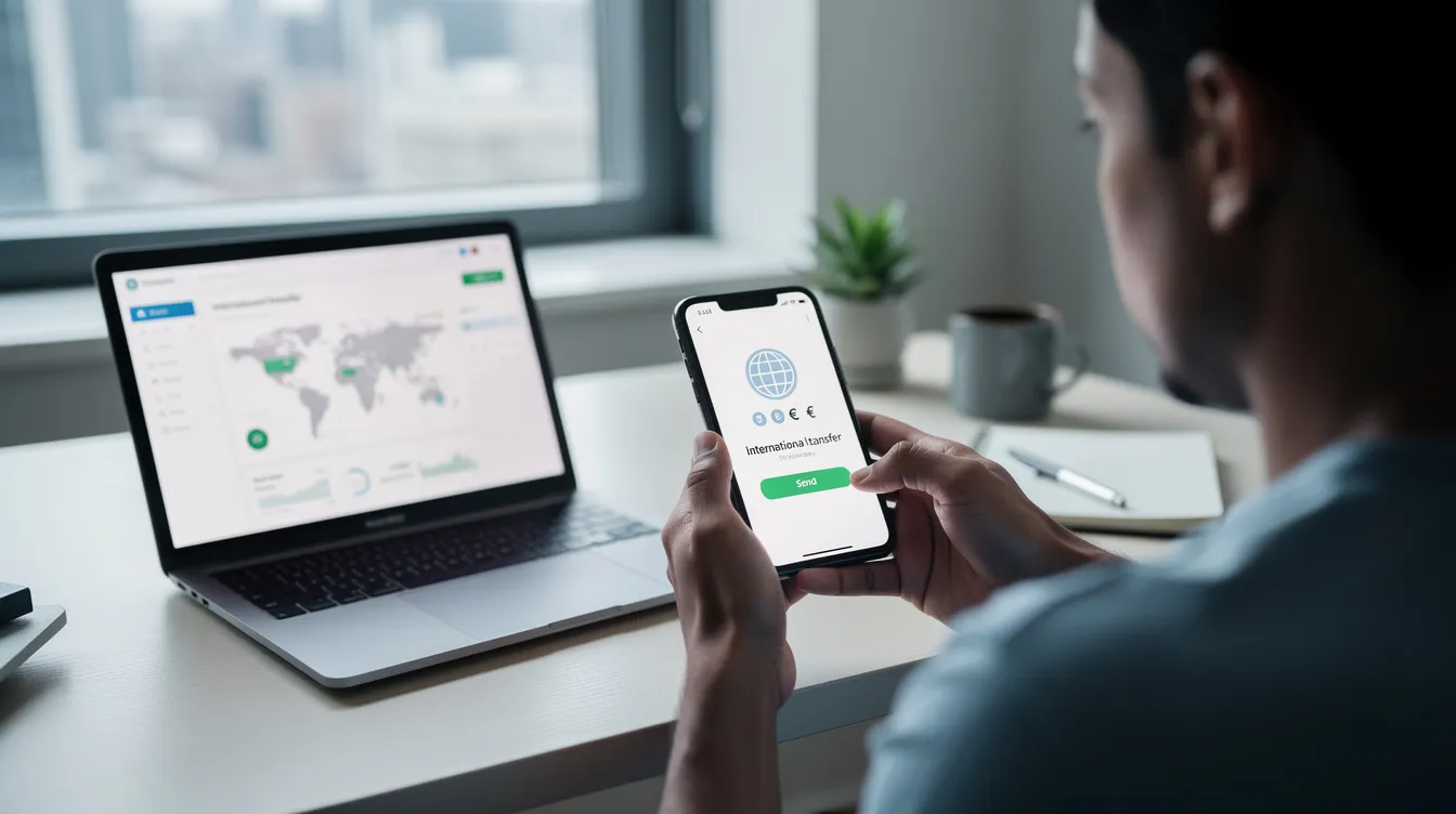 A person is sitting at a desk, using a smartphone to send an international money transfer, likely through Equitas Small Finance Bank. The image conveys the ease of sending money online, highlighting the convenience of initiating transactions from home.
