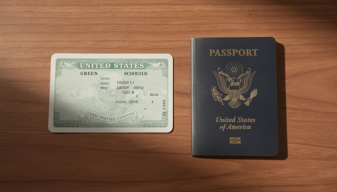 Imagen de una tarjeta verde (green card) colocada junto a un pasaporte estadounidense sobre una mesa de madera, simbolizando el proceso de obtención de la residencia permanente a través del programa EB-5. La combinación de estos documentos representa el estatus de inmigrante y las oportunidades que brinda la inversión en EE.UU.