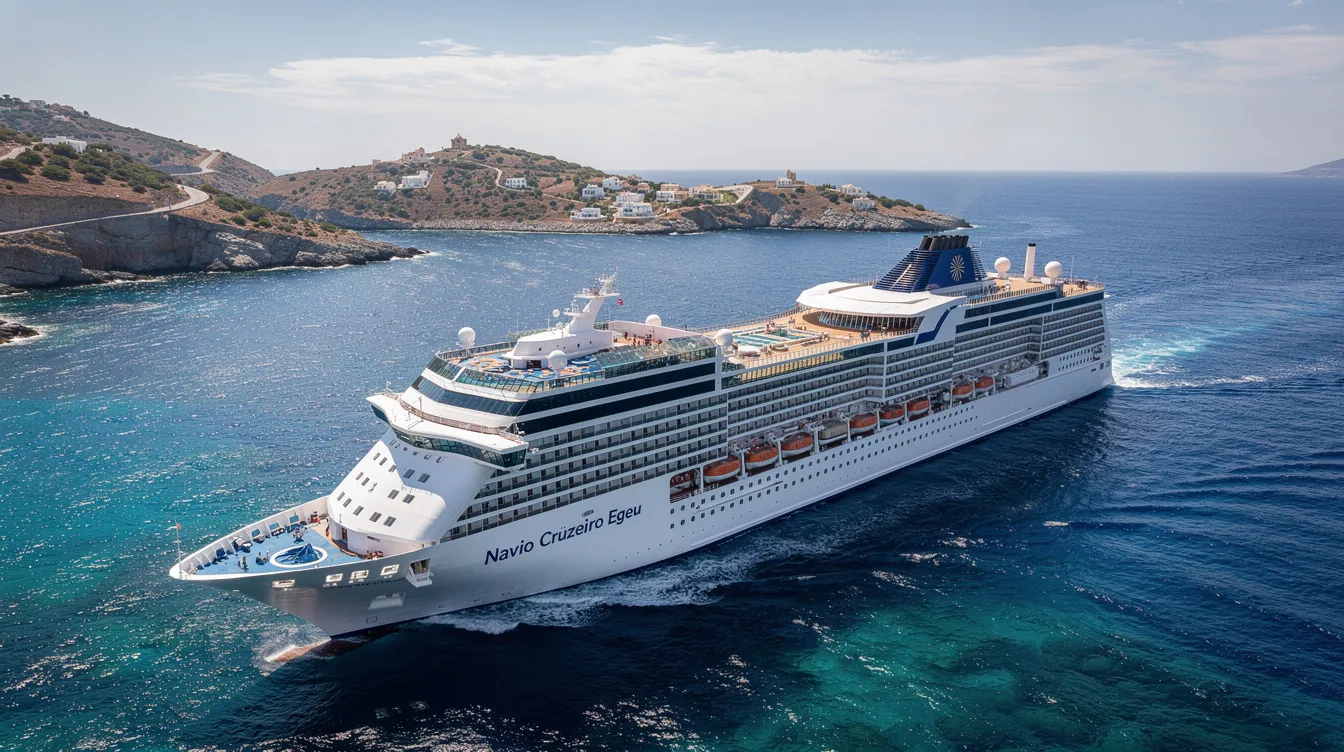 Um luxuoso navio de cruzeiro navega pelas águas cristalinas do Mar Egeu, com ilhas gregas ao fundo e um céu ensolarado. Este cenário é ideal para quem busca destinos de viagem inesquecíveis na Grécia, repletos de cultura e beleza natural.