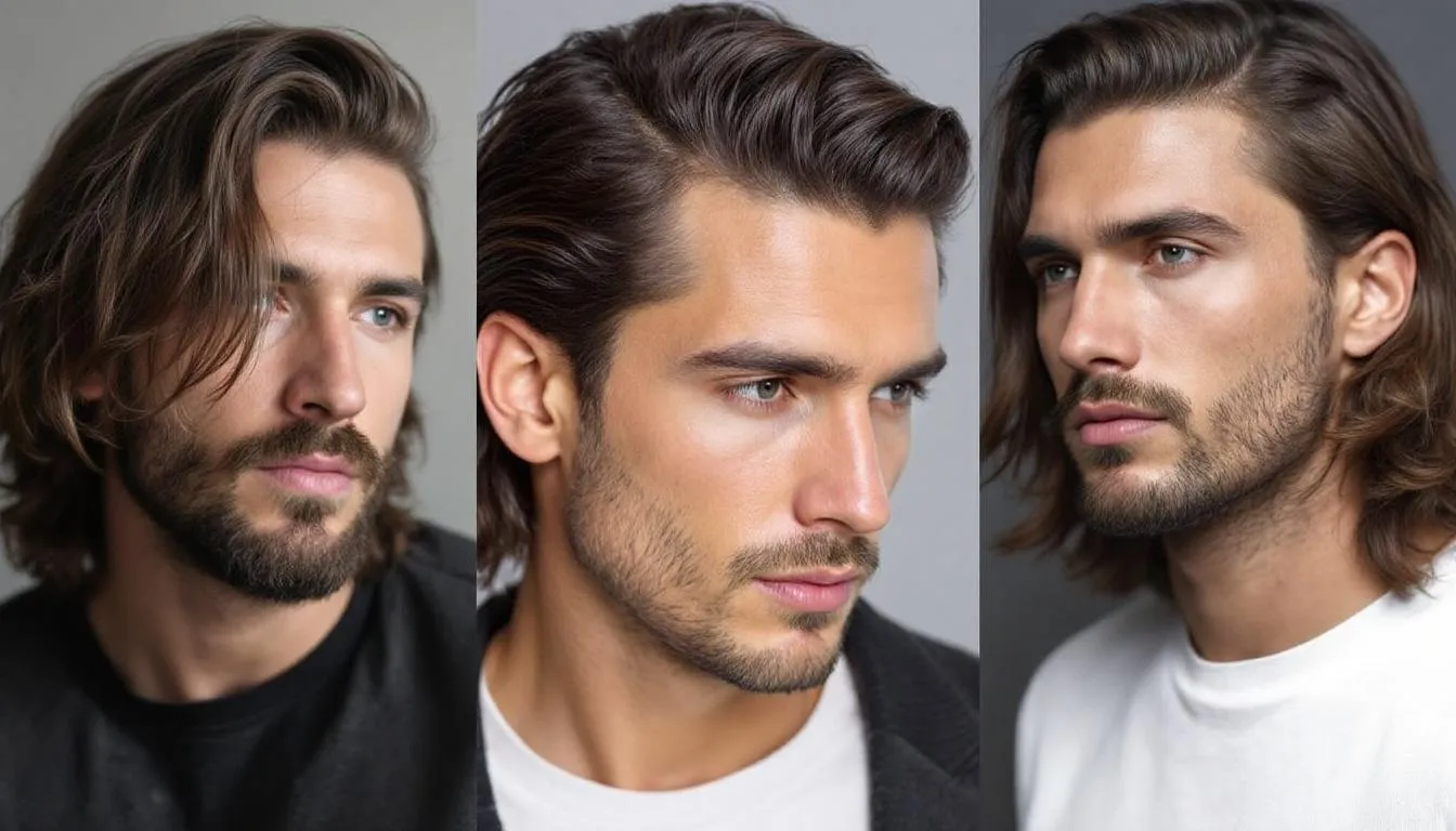 Trendy long hairstyles for men in 2025, showcasing various styles.