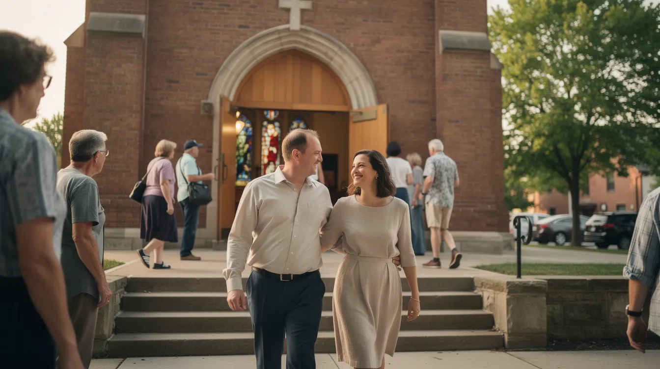A couple is leaving a church after Sunday service, holding hands and sharing a warm smile, embodying emotional intimacy and connection in their dating relationship. This moment reflects their commitment to building a healthy relationship grounded in faith and shared values.