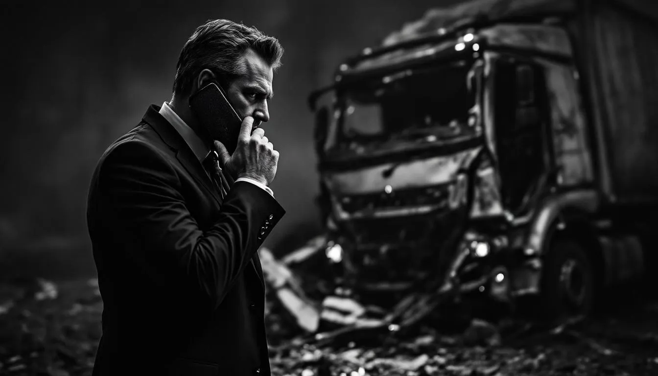 A blurred image of a truck accident scene with a lawyer discussing a case.