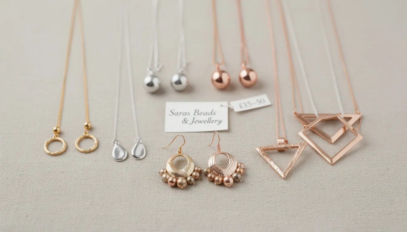 The image features a collection of statement jewellery pieces from Saras Beads & Jewellery, including elegant earrings, stylish bracelets, and eye-catching necklaces. These affordable gifts, perfect for Mother's Day, can elevate casual outfits or enhance formal wear, catering to various metal preferences like gold, silver, or rose gold.