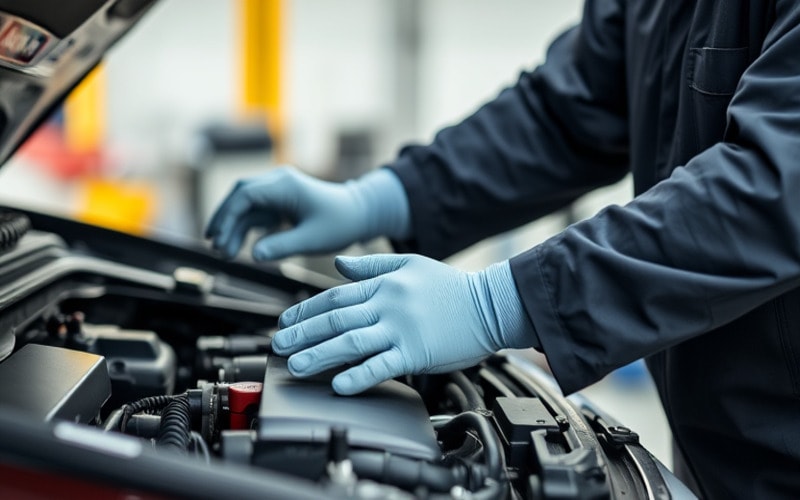 Automotive engineer wearing gloves