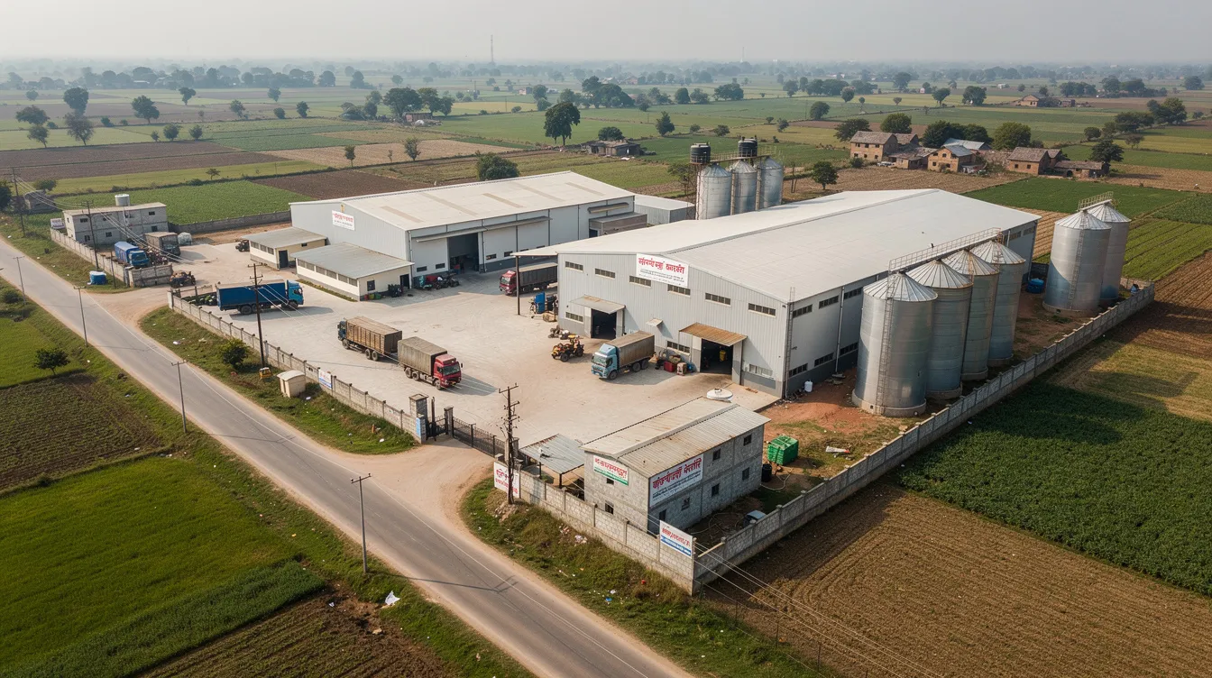 a8f84a63 ffe8 4df2 ab3f 51603115eee9 An aerial view of a medium-scale industrial food processing facility in rural India showcases multiple buildings and storage silos, indicative of a plant-based food manufacturing operation. The facility likely focuses on the extraction and production of plant proteins, such as chickpea and mung bean protein, contributing to the nutritional composition of various food products.