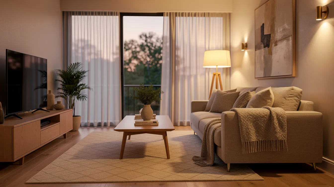 The image depicts a stylishly furnished vacation rental living room, featuring modern furniture and warm lighting, creating a cozy atmosphere ideal for attracting guests. This inviting space exemplifies the appeal of an Airbnb investment property, perfect for short-term rentals in high-demand locations.