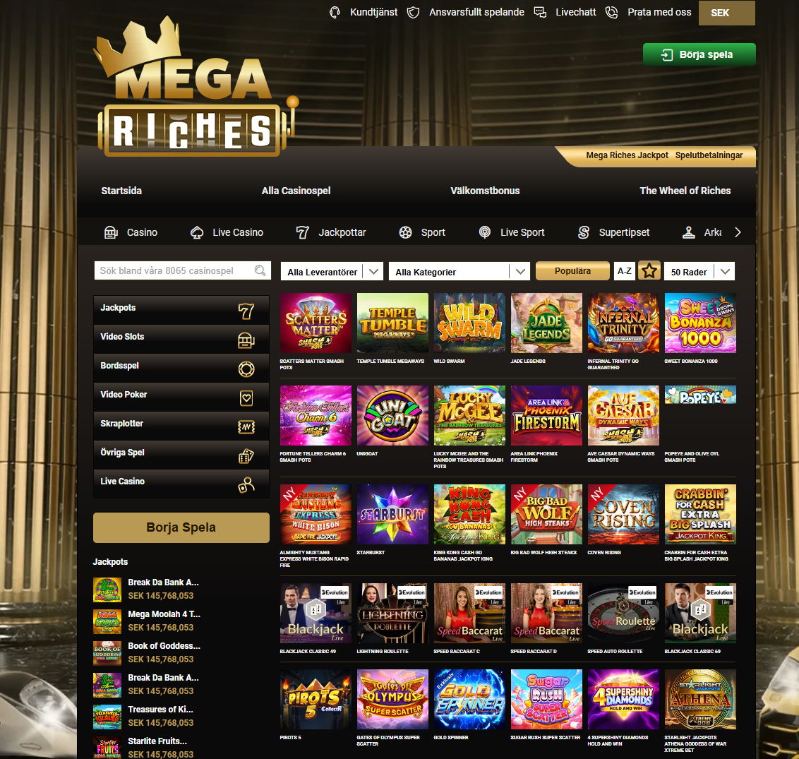 Startsida för Mega Riches Spelutbud med 8 065 casinospel.