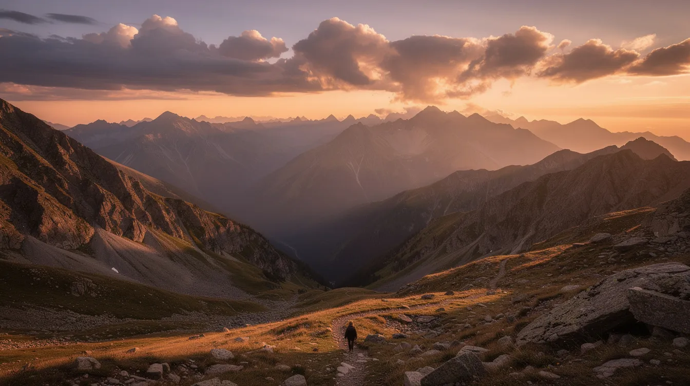 Die Weite der Berglandschaft bei Sonnenuntergang wird von einer einzelnen kleinen Figur auf einem Pfad geprägt, die die Einsamkeit und Größe der Natur betont. Diese Szene vermittelt ein Gefühl von Ruhe und Erhabenheit, während das Licht des Sonnenuntergangs die Umgebung in warmen Farben erstrahlen lässt.