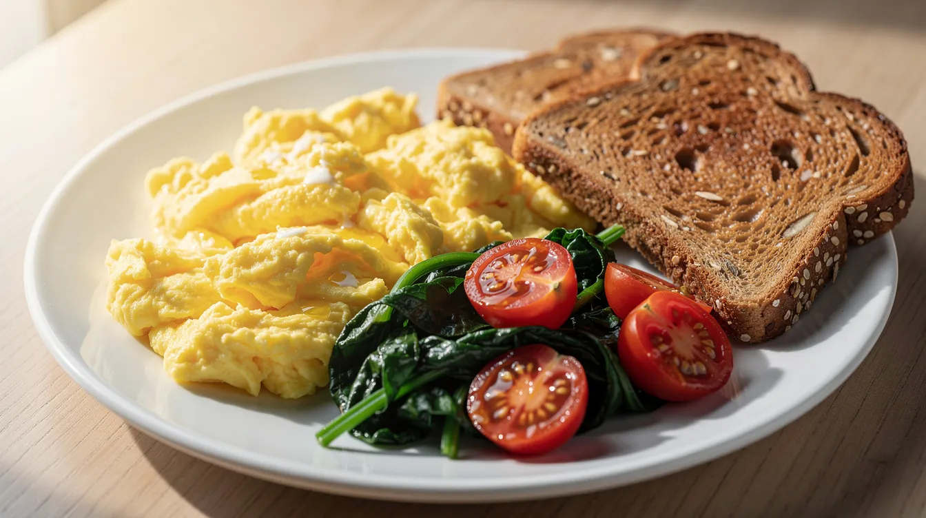 A plate of fluffy golden scrambled eggs is beautifully arranged with wilted spinach and vibrant cherry tomatoes, accompanied by slices of wholemeal toast, making it a delicious high protein breakfast option. This healthy breakfast combines nutritious ingredients for a filling start to the day.