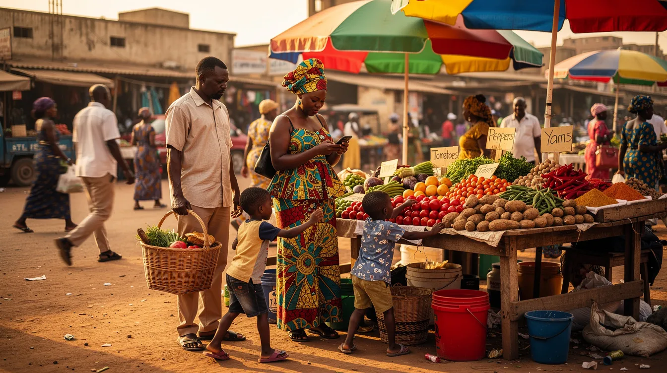 A family is enjoying their time at an outdoor market in a bustling West African city, where a woman is checking her phone while shopping. The scene captures the vibrant atmosphere of the market, highlighting the importance of mobile money services for sending money to loved ones in Cameroon and managing transactions with just a few taps.