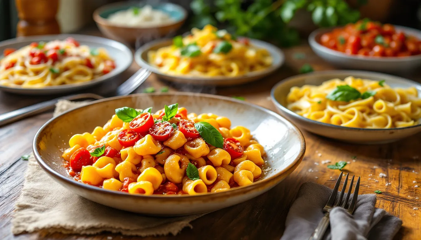 A collection of various delicious pasta dishes including orecchiette pasta.