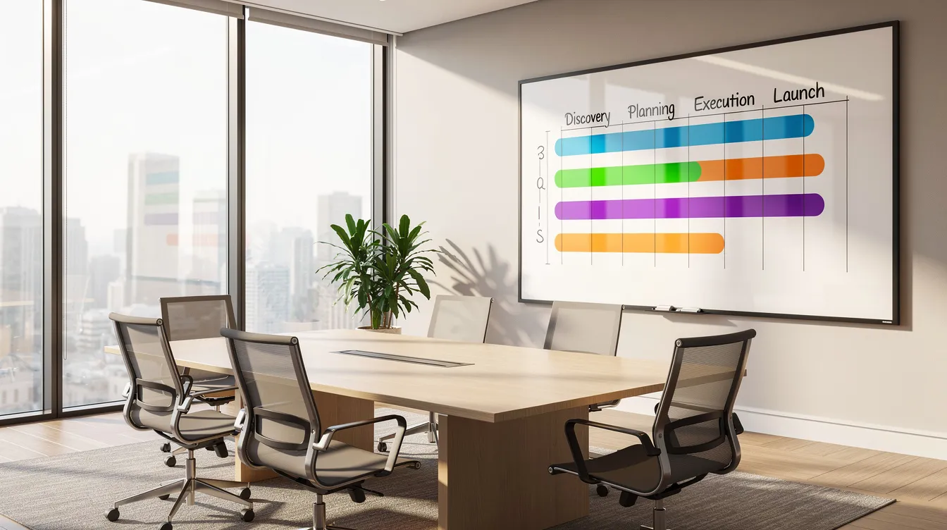 Salle de réunion avec un tableau blanc présentant les phases d'un projet d'application mobile.