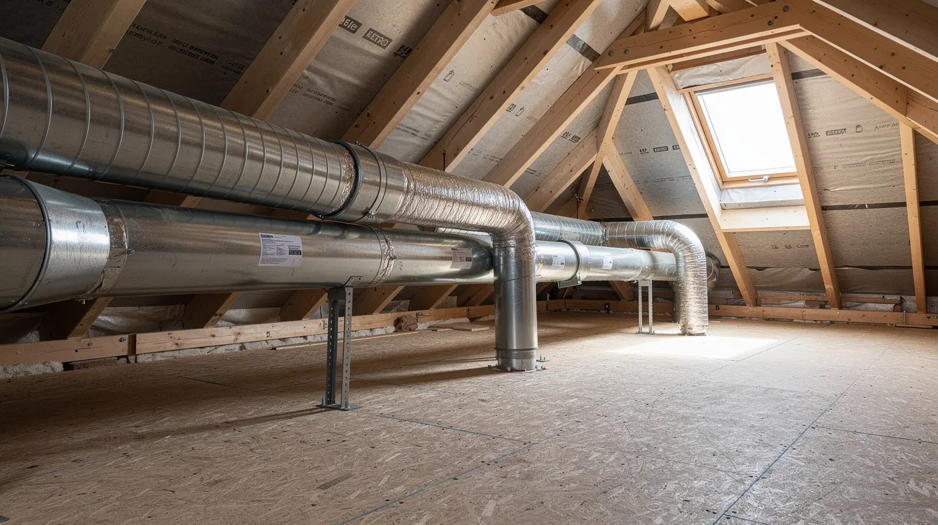 Billedet viser luftkanaler i loftsrummet af et nybygget hus, hvor et moderne genvex ventilationsanlæg er installeret. Anlægget muliggør balanceret ventilation og sikrer et sundt og behageligt indeklima ved at genbruge varmen fra udsugningsluften.