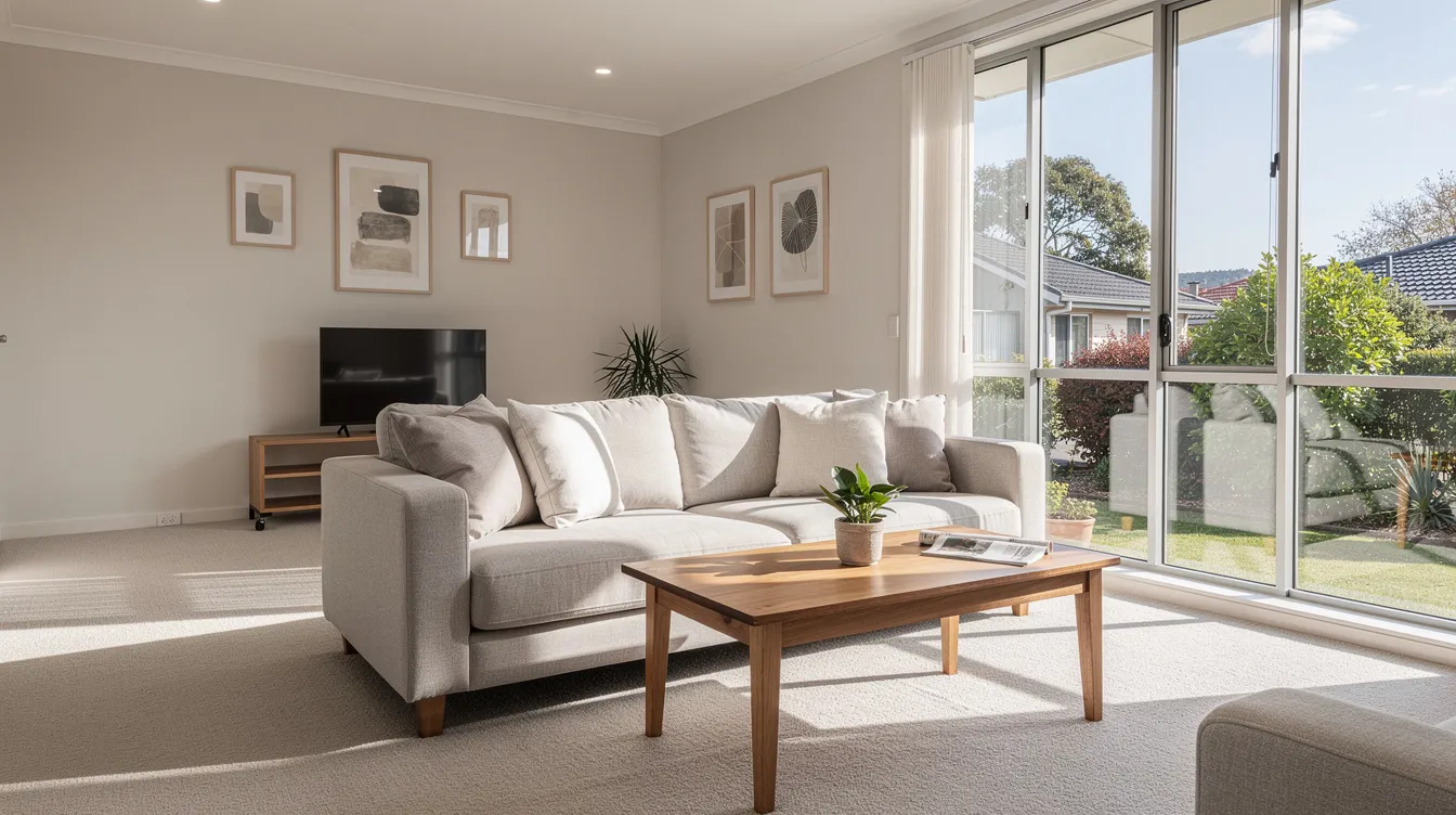 The image showcases a clean and bright suburban living room featuring light-colored carpet that reflects the natural sunlight streaming in through large windows. This inviting space highlights the importance of professional carpet cleaning methods to maintain the freshness and appearance of carpet fibers in a home.