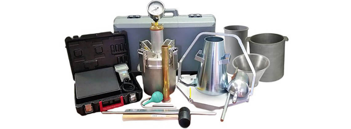 Various construction materials testing equipment including soil analysis tools, concrete testing devices, and precise sieve shakers for accurate particle size determination