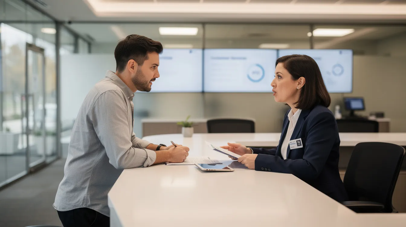 A person is engaged in a discussion with a bank officer at a branch counter, likely discussing options for financial assistance related to mudra loans or business loans for small enterprises. The scene emphasizes the importance of documentation such as bank statements, identity proof, and eligibility criteria for accessing funds through various financial institutions.