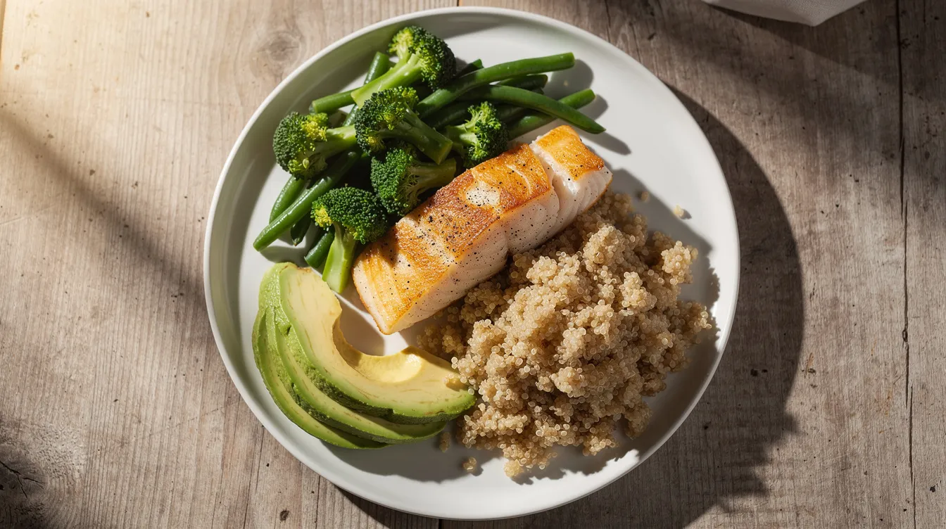 Une assiette colorée est présentée sur une table en bois, contenant un filet de poisson, des légumes verts frais, de l'avocat crémeux et du quinoa. Ce plat équilibré évoque une attention particulière à la santé et au bien-être, pouvant aider certaines femmes à soulager les symptômes du syndrome prémenstruel (SPM) grâce à une alimentation nutritive.