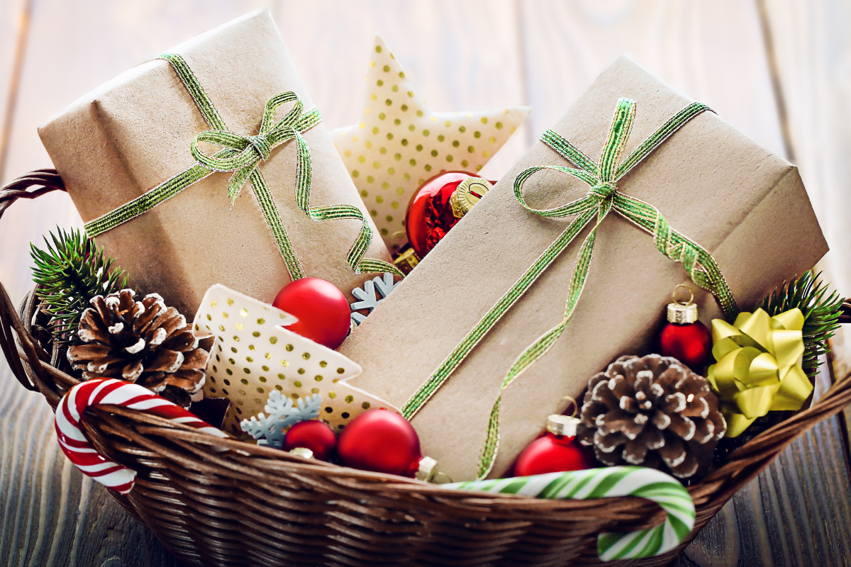 A collection of themed gift baskets ready for a gift exchange.