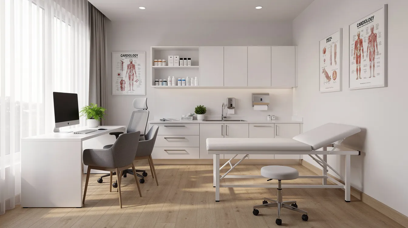 The image depicts a modern medical consultation room filled with natural light, featuring a clean and minimalist design, suitable for discussing procedures like gynecomastia surgery. This inviting space is designed to ensure comfort for patients seeking information about male breast reduction surgery and other cosmetic treatments.