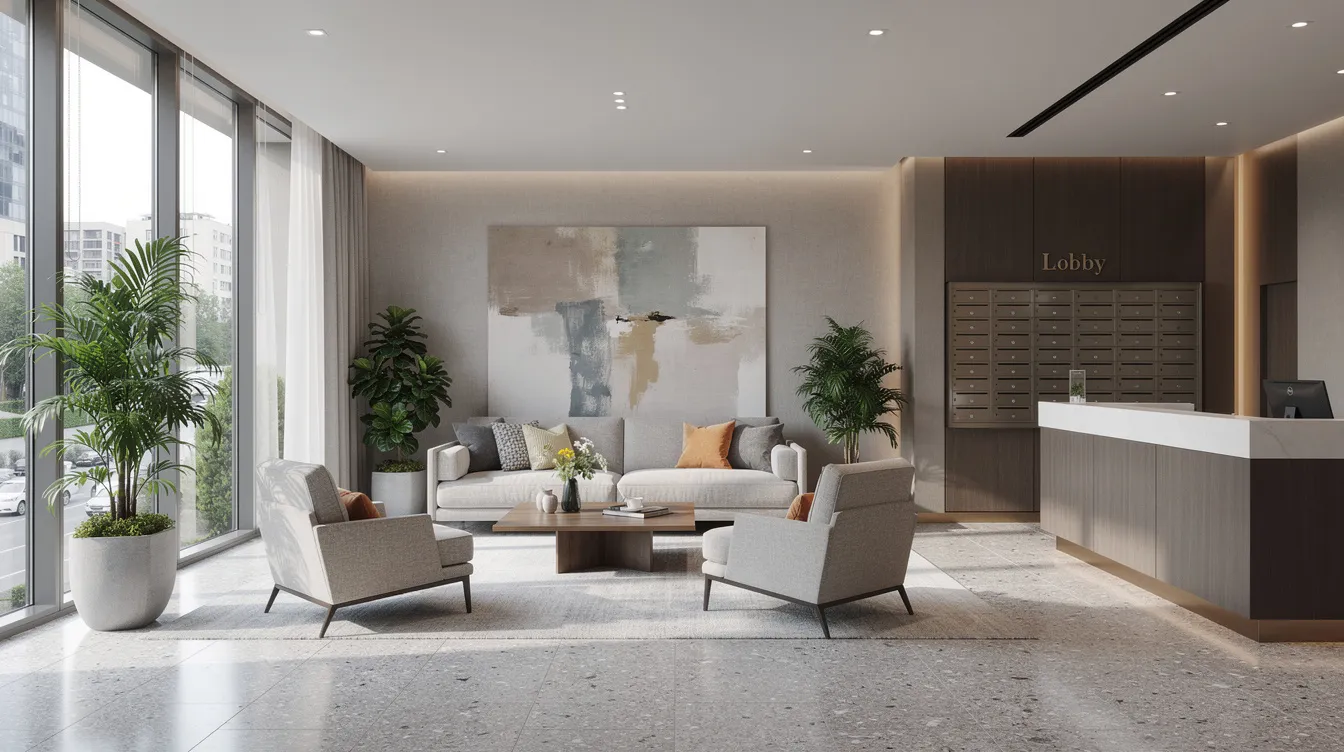 The image shows a modern apartment building lobby featuring a comfortable seating area designed for tenant relaxation and social interaction. This inviting space reflects effective property management strategies that enhance tenant satisfaction and contribute to the long-term value of the property.