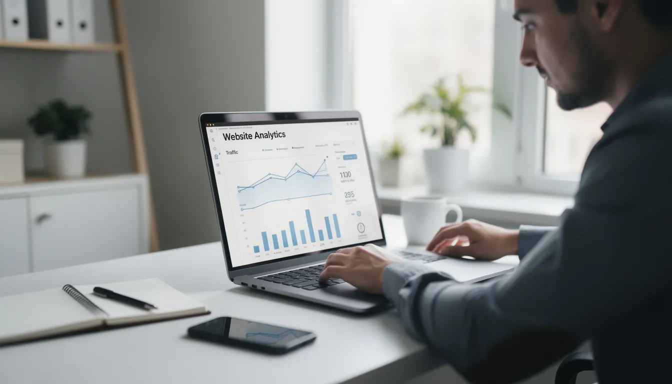 A business owner is focused on reviewing website analytics displayed on a laptop screen, analyzing user engagement metrics and search engine rankings to inform their website redesign project. The scene highlights the importance of understanding user feedback and business goals for enhancing the overall site structure and performance.