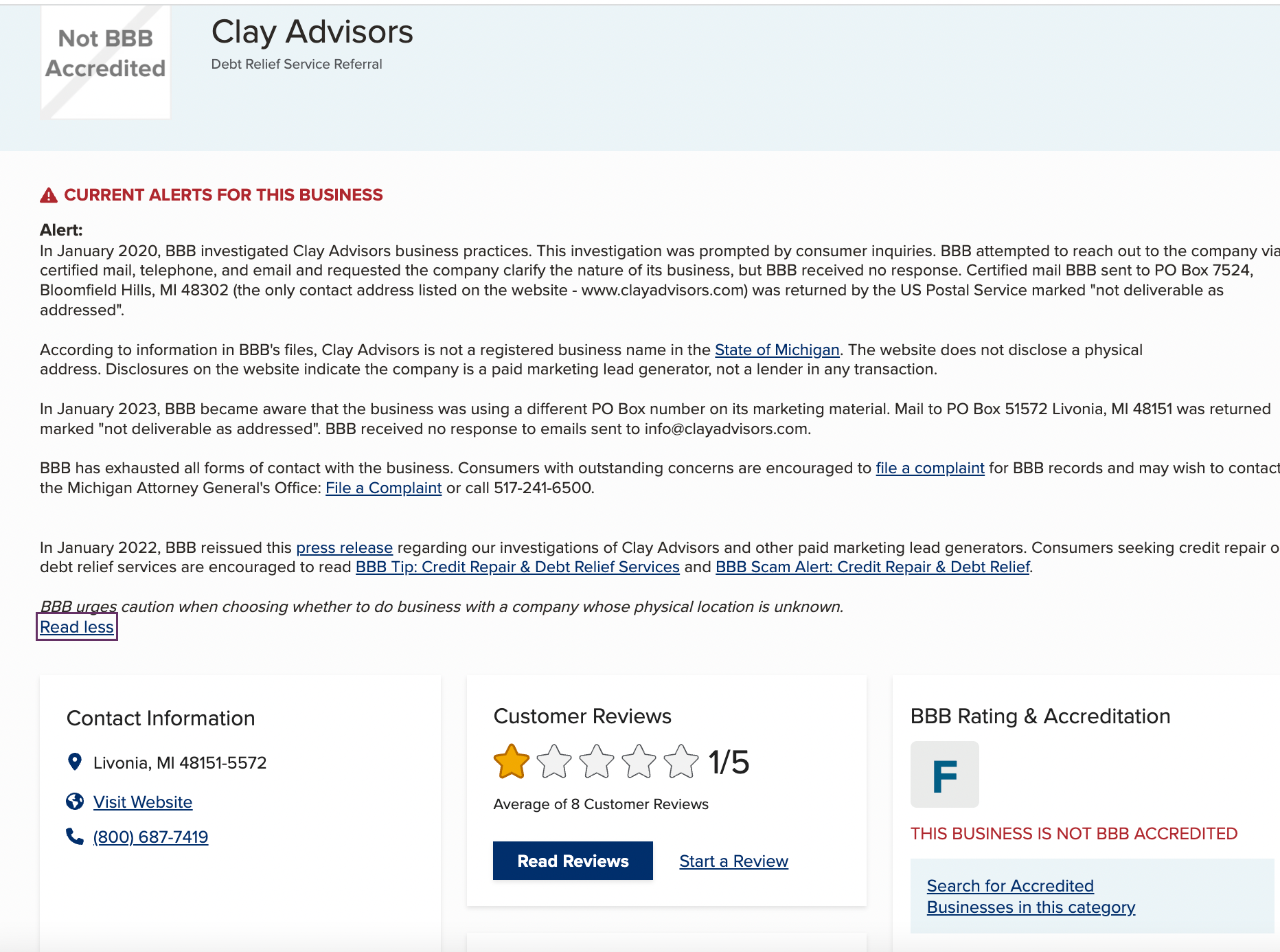 Avoid debt consolidation loan lenders with poor reviews. Clay Advisors reviews and alerts from the BBB will give borrowers cause for delay.