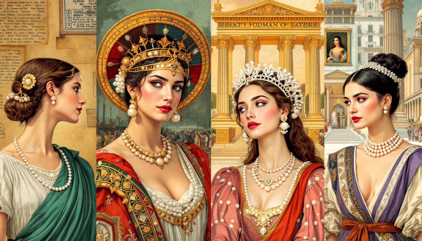 The image showcases a stunning collection of pearl jewellery, featuring elegant pearl drop earrings, classic pearl necklaces, and luxurious rings made from both freshwater and cultured pearls. The pieces exhibit a variety of shapes and colours, including cream, pink, and white, all designed to add timeless elegance to any ensemble for special occasions or evening wear.