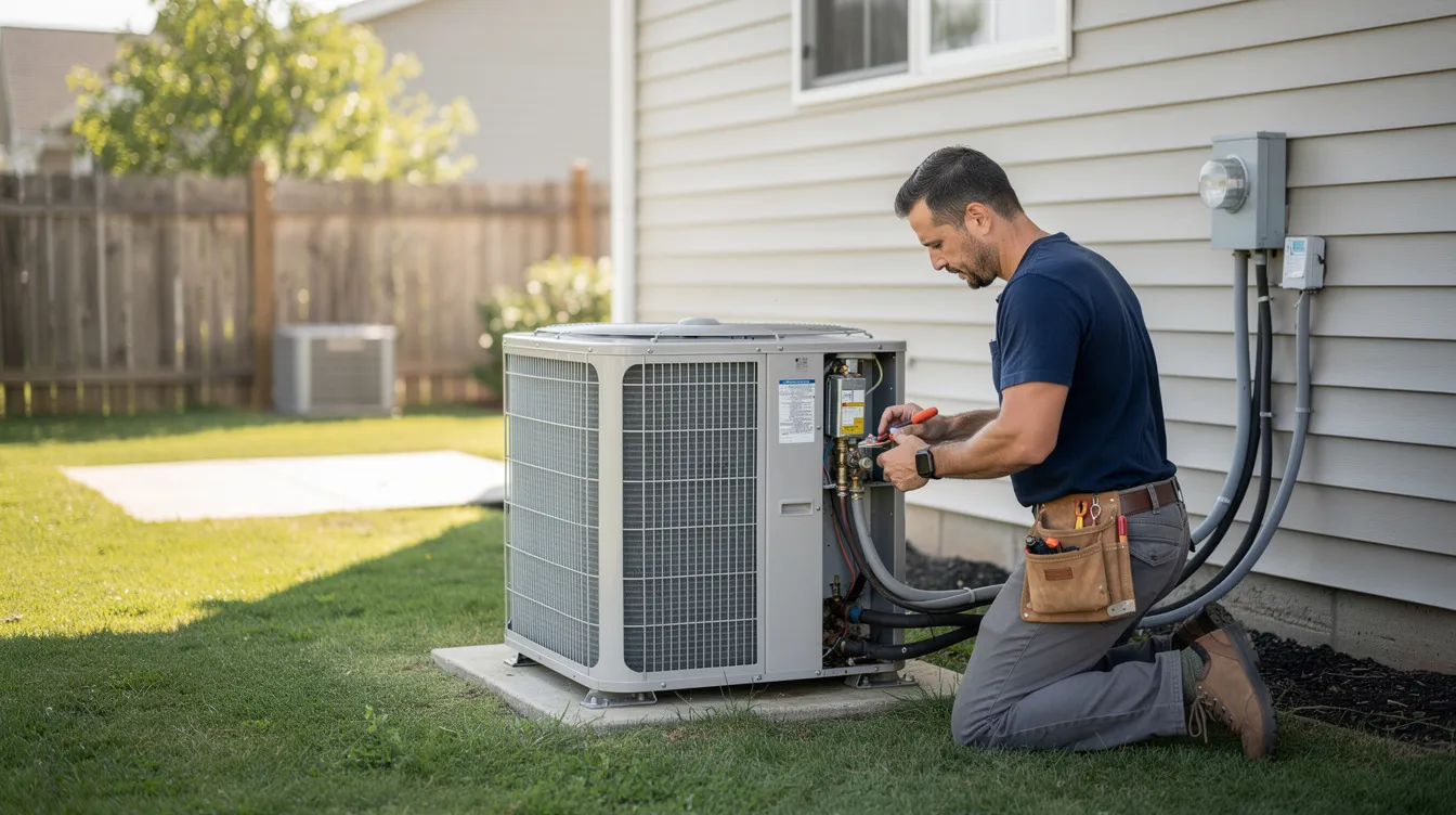 An HVAC technician, dressed in a navy blue shirt and grey pants, is diligently working on an outdoor air conditioning unit in a suburban backyard. The scene captures the lifestyle aspect of maintaining a home's cooling system, emphasizing the importance of efficient air conditioning for comfortable indoor temperatures.
