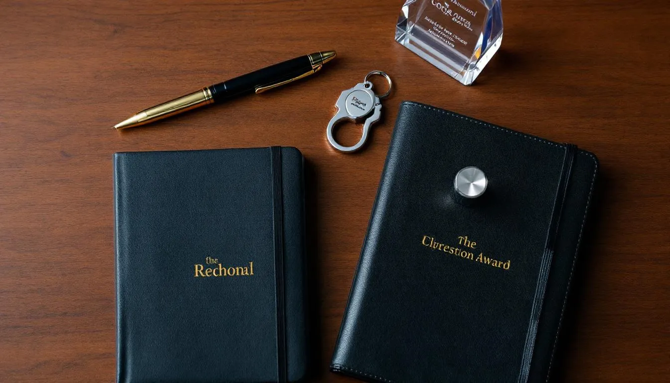 Na biurku ułożone są eleganckie upominki firmowe, które mogą być doskonałym pomysłem na prezenty świąteczne dla pracowników. Wśród nich znajdują się personalizowane prezenty oraz drobne upominki, które wyrażają wdzięczność za zaangażowanie w rozwój firmy.