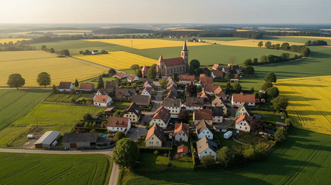 Ein luftiger Blick auf eine deutsche Kleinstadt zeigt eine malerische Ansammlung von Häusern, Feldern und einer markanten Kirche. Diese Szene vermittelt das typische Bild einer ruhigen Gemeinde, in der beim Immobilienkauf auch die Grunderwerbsteuer eine Rolle spielt.