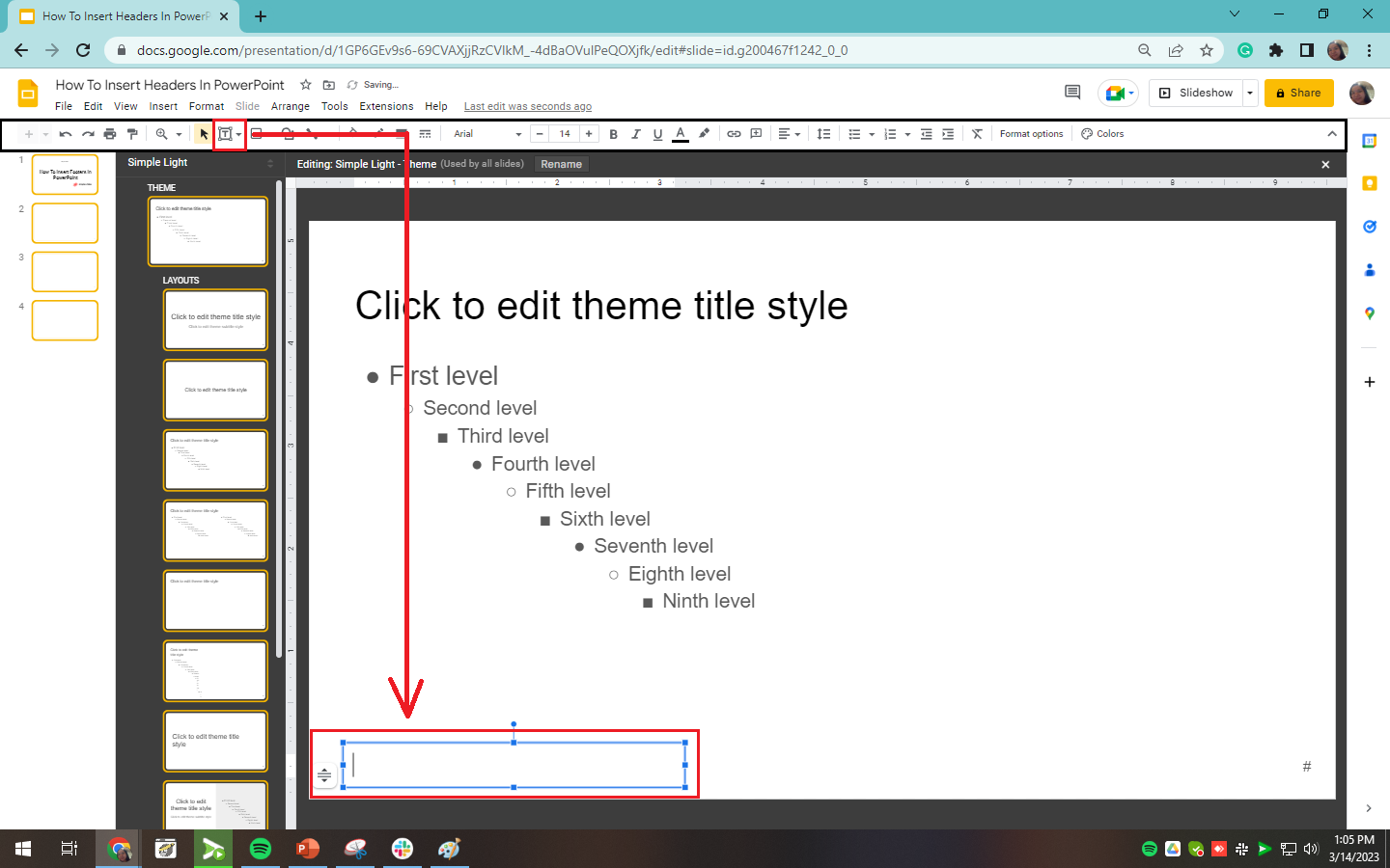 Navigate "text box" in the toolbar section and drag it at the footer in Google Slides.