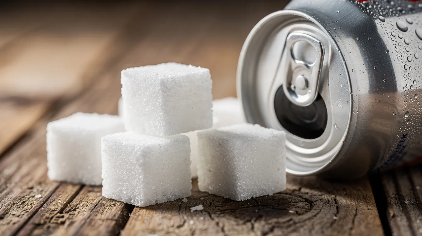 Die Nahaufnahme zeigt Zuckerwürfel neben einer geöffneten Dose eines Energy Drinks auf einem Holztisch. Diese Szene verweist auf die süßen Inhaltsstoffe, die häufig in Getränken wie Red Bull enthalten sind und die Wirkung von Koffein und Taurin auf den Körper unterstützen.