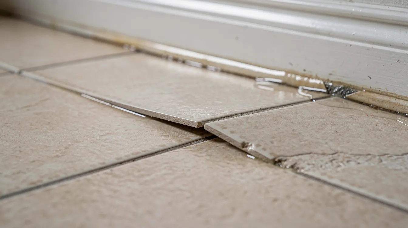 The image shows a close-up view of a residential tile floor exhibiting slight buckling and moisture accumulation near the baseboard, indicating potential foundation leaks and water intrusion issues. This condition may lead to structural damage if not addressed, as it suggests water seeping from the home's foundation.