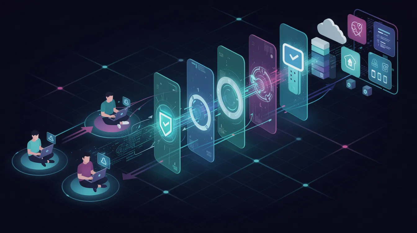The illustration depicts remote workers securely connecting to cloud applications through verification gateways, emphasizing a zero trust security model where each user undergoes authentication layers before accessing specific applications. The dark cyber grid background features glowing network nodes, highlighting the principles of zero trust architecture and access management in a modern cybersecurity context.