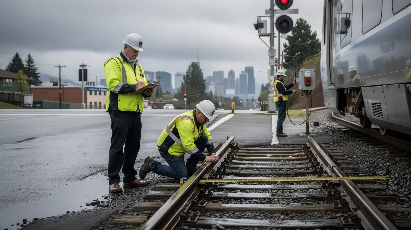 The image depicts a train accident investigation scene in Seattle, Washington, with investigators in safety vests examining the railroad tracks and measuring distances near a stopped train. The wet pavement and cloudy sky reflect the typical Pacific Northwest weather, while the urban surroundings add context to this serious incident involving potential personal injury claims.