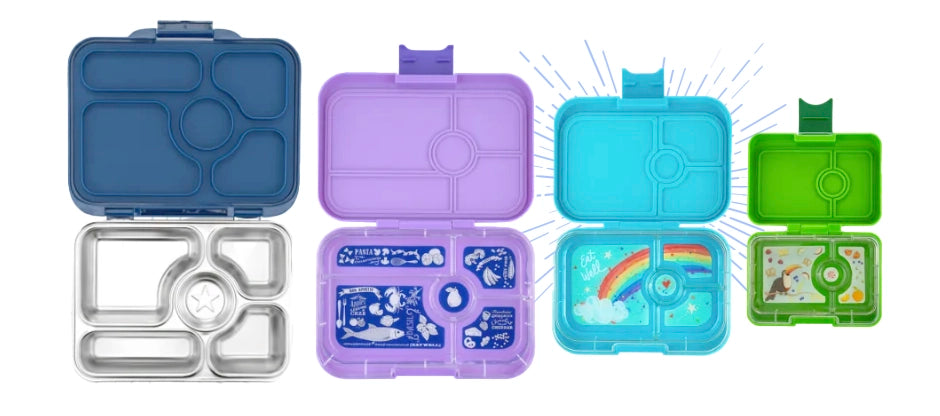 From left to right: Yumbox Presto, Yumbox Original, Yumbox Tapas, Yumbox Snack